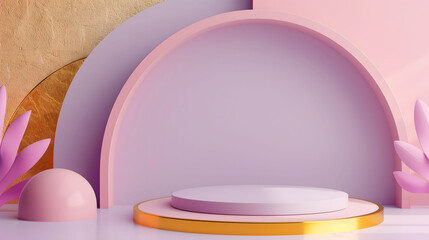 Wall Mural - Golden and Light Purple Pastel Color Podium for Product Display