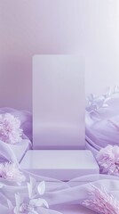 Wall Mural - Beautiful Podium in Soft Purple Tone for Product Advertisement Decorated with Satin Fabric. Vertical Template for Promotional Social Media Content