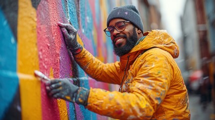 A street artist working on a vibrant mural in an urban setting, capturing the essence of urban culture and creativity