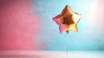 shimmering gold starshaped balloon floating against a pastel background festive and celebratory atmosphere with soft diffused lighting perfect for party or special event concepts