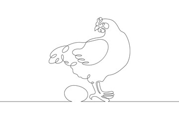 Poster - Continuous one line drawing laying hen. Portrait of a hen next to eggs.Chicken. Animals on the farm. One continuous line isolated minimal illustration.
