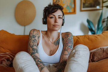 Sticker - A tattooed woman is sitting on the sofa in her living room, wing headphones and listening to music through an audio system setup while she's covered with tattoos.