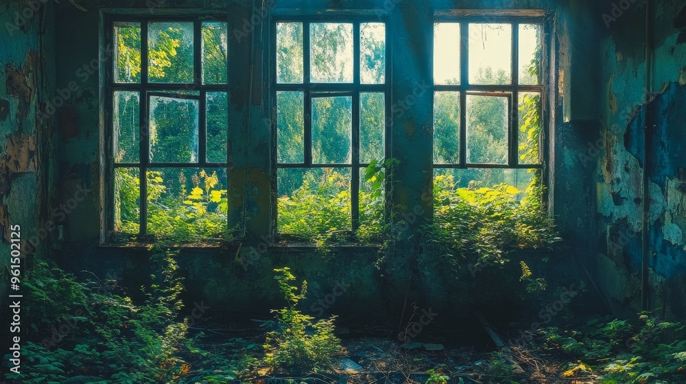 A view of an overgrown window in an abandoned building. The lush ...