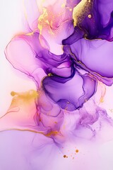 Wall Mural - Abstract fluid art painting in alcohol ink technique, featuring shades of purple and pink with gold elements, se