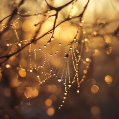 Canvas Print - Dew drops glisten on a spider web at sunrise, with a soft background of golden bokeh.