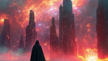 Poster - Businessman is walking through fog toward glowing buildings in a surreal landscape, symbolizing the pursuit of financial success