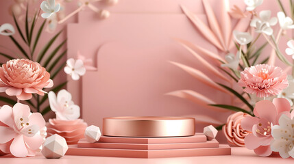 Wall Mural - 3D Podium Suitable for Cosmetic or Skin Care Product Display on Rose Gold Tones Surrounded by Floral Decoration