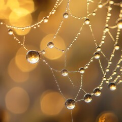 Wall Mural - Dew drops on a spiderweb with a golden bokeh background.