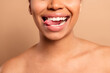 © deagreez - Cropped photo of lovely pretty girl tongue out mouth open shoulders isolated on beige pastel color background