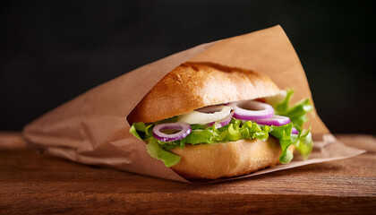 Takeout Sandwich with Lettuce and Onions