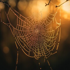 Wall Mural - Dew-covered spiderweb with a warm, golden light shining through.