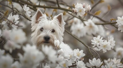 Wall Mural -  A tight shot of a dog perched in a tree, white flowers in the foreground, background softly blurred