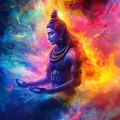 Digital art depicting Hindu god Shiva in meditation amidst colorful cosmic clouds.