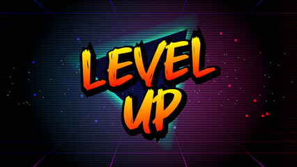 Poster - LEVEL UP !! text on pink blue background.pixel art .8 bit game.retro game. for game assets in vector illustrations.	