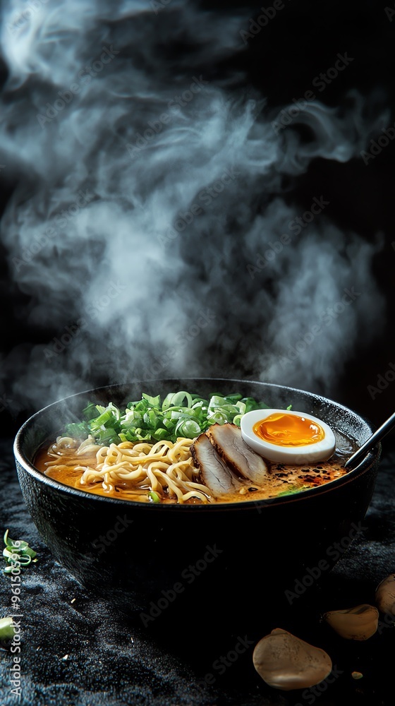 Japanese ramen bowl with misty steam, black backdrop, surreal floating
