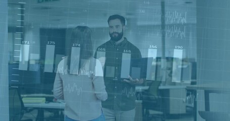 Poster - Business data charts and graphs animation over colleagues discussing in office