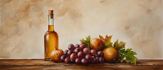 Wall Mural -  A table with grapes, oranges, and a bottle of wine against a brown backdrop