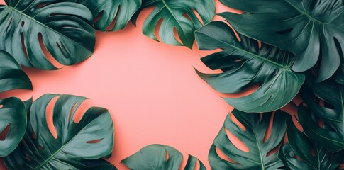 Wall Mural - green tropical leaves on a pink background, top view. Web banner with copy space for text on the right.