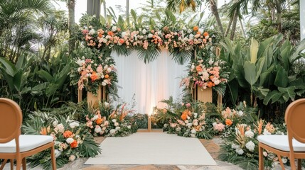 Wall Mural - Elegant wedding ceremony setup in a garden, featuring a decorated backdrop with lush plants and beautiful flower bouquets.