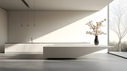 Wall Mural - A minimalist kitchen island with clean lines and a single vase with flowers