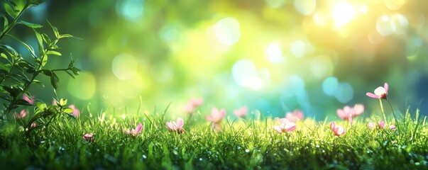 Beautiful spring background with green grass and bokeh lighting