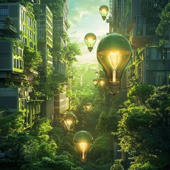 Wall Mural - Green city with lightbulbs flying over skyscrapers.