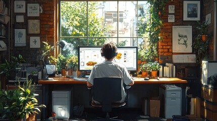 Person Working at a Computer in a Room with a Window