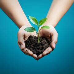 Wall Mural - Hands holding a small green plant growing from the soil, isolated on a blue background.