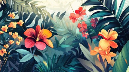 Poster - Abstract floral design featuring bold, tropical flowers and lush greenery, set against a bright, sunlit background
