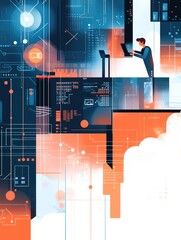 Canvas Print - This abstract illustration depicts a futuristic cyberspace landscape with a man working on a computer. It symbolizes innovation, technology, connectivity, the digital world, and the future of computin