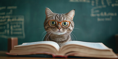 Curious and puzzled cat has many questions, confused cat student studying education concept