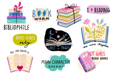 Vector set about books and reading. Book lover stickers. Cute hand drawn flat elements. Collection of inspirational illustrations with handwritten text. Quotes about literature