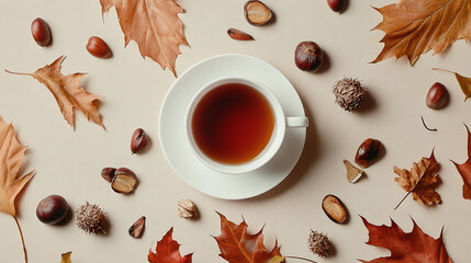 A cup of tea on a white saucer surrounded by fallen autumn leaves and chestnuts on a beige background.