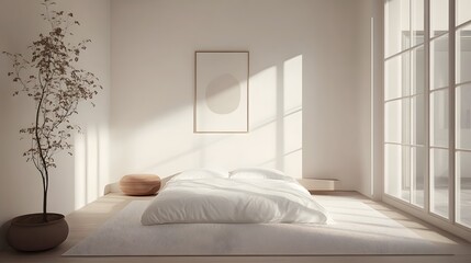 Wall Mural - A minimalist bedroom with a clean, white bed and a single piece of art on the wall