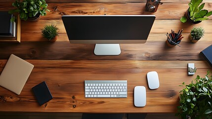 Wall Mural - A top-down view of a simple, modern desk setup with clean lines and minimal clutter