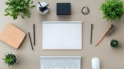 Wall Mural - A top-down view of a simple, modern desk setup with clean lines and minimal clutter