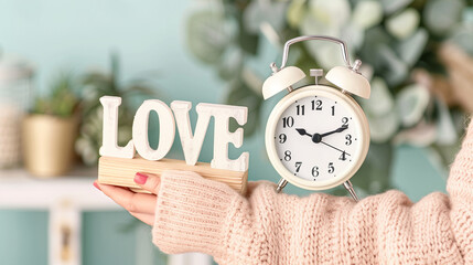 Alarm clock with love decoration in cozy setting for stylish decor