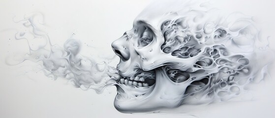 Wall Mural -  A sketch of a skull engulfed in smoke, with a cigarette protruding from its mouth