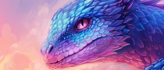  A tight shot of a dragon's blue-purple head against a backdrop of pink-blue sky