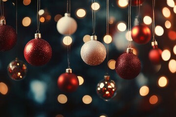 Wall Mural - Christmas ornaments hanging against a dark background