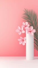 Sticker - Pink Flowers and Palm Leaf on Pink Background.