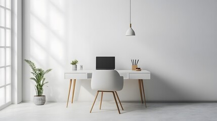 Wall Mural - A minimalist workspace with a clean desk, a laptop, and a simple chair