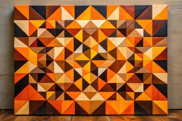 Vibrant oranges, yellows, and browns dance across the canvas, intersecting with black geometric shapes, creating a dynamic harmony of color and pattern.