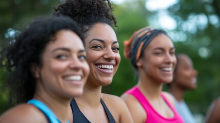 Three women are smiling during an outdoor fitness class. The women are dressed in athletic wear and are enjoying their workout. They are all looking happy and healthy, symbolizing  community, teamwork