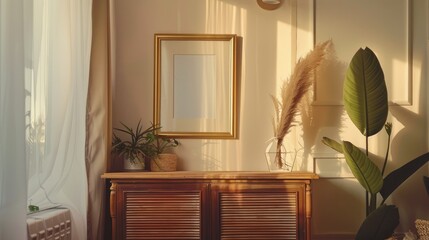 Retro and stylish home interior with gold frame, vintage cupboard, plants. Cozy decor in beige living room setting.