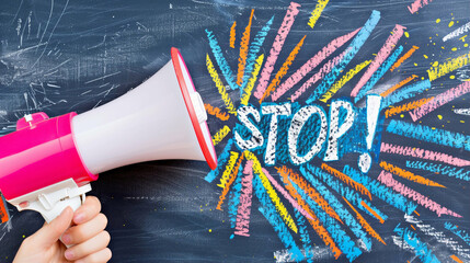 Poster - Megaphone announcing stop with colorful chalk background art