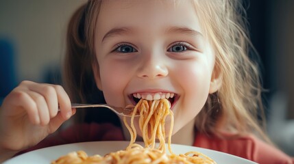 A joyful young girl eating spaghetti with a fork, smiling at the camera with strands of pasta hanging from her mouth.