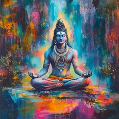 Wall Mural - Lord Shiva in deep meditation surrounded by colorful abstract background.