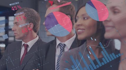 Poster - Business people in office with data charts and graphs over animation