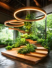 Canvas Print - Modern wooden staircase with circular lights and green plants.